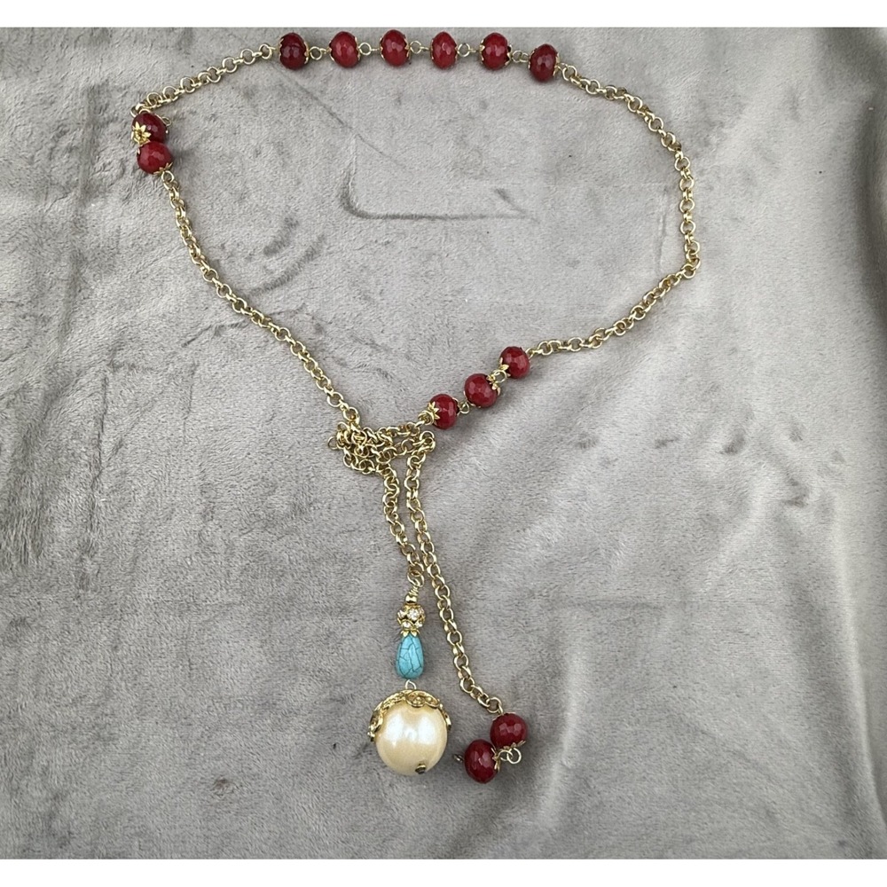 Vintage Estate Necklace Red Tassel Beaded Gold Tone 40"